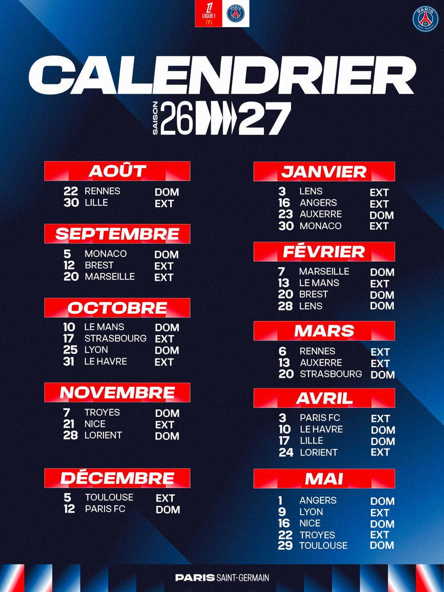Calendrier PSG 2026/2027